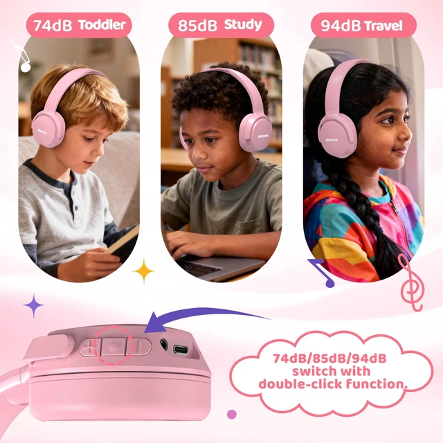 Alt view image 6 of 7 - Kids Bluetooth Headphones Wireless 68 Hours,Safe Volume Limit 85/94dB Pink Adjustable Headband Foldable Over-Ear Lightweight Headsets for Toddler Girls Boys Tablet/iPad,HD Stereo,Built-in Mic