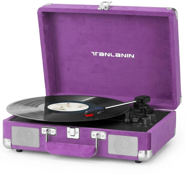 Main image of Velvet Record Player with Built-in Speakers, Bass/Treble Control, Purple Vintage portable suitcase turntable Bluetooth input, 3-speed auto stop, RCA/AUX/headphone jack, home décor gift for dorms