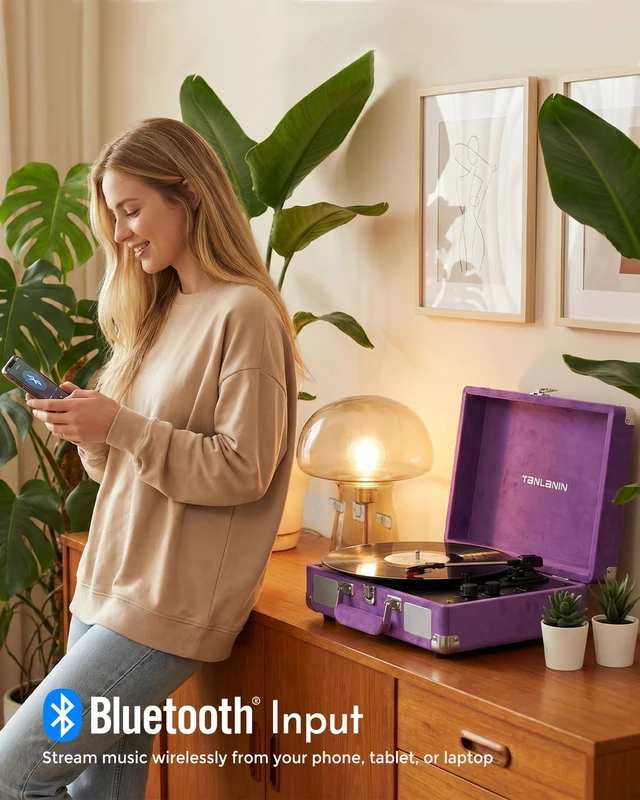 Alt view image 3 of 7 - Velvet Record Player with Built-in Speakers, Bass/Treble Control, Purple Vintage portable suitcase turntable Bluetooth input, 3-speed auto stop, RCA/AUX/headphone jack, home décor gift for dorms