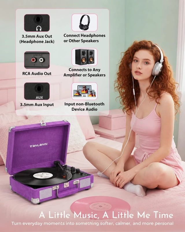 Alt view image 6 of 7 - Velvet Record Player with Built-in Speakers, Bass/Treble Control, Purple Vintage portable suitcase turntable Bluetooth input, 3-speed auto stop, RCA/AUX/headphone jack, home décor gift for dorms