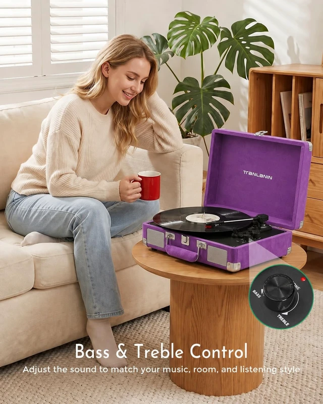 Alt view image 5 of 7 - Velvet Record Player with Built-in Speakers, Bass/Treble Control, Purple Vintage portable suitcase turntable Bluetooth input, 3-speed auto stop, RCA/AUX/headphone jack, home décor gift for dorms