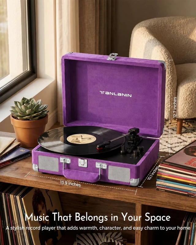 Alt view image 7 of 7 - Velvet Record Player with Built-in Speakers, Bass/Treble Control, Purple Vintage portable suitcase turntable Bluetooth input, 3-speed auto stop, RCA/AUX/headphone jack, home décor gift for dorms