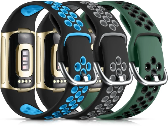 Main image of Breathable Sport Band for Fitbit Charge 6 Band/Fitbit Charge 5 Band Soft Silicone Wrist Strap for Men /Women, Waterproof Wristband for Charge 6/Charge 5, Black Gray/Black Blue/Green Black,Large