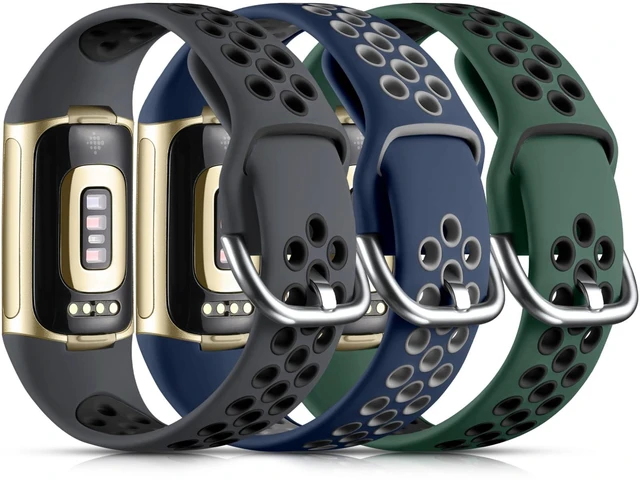 Main image of Breathable Sport Band for Fitbit Charge 6 Band/Fitbit Charge 5 Band Soft Silicone Wrist Strap for Men & Women, Waterproof Wristband for Charge 6/Charge 5, Gray Blue/Coal Black/Army Green, Large
