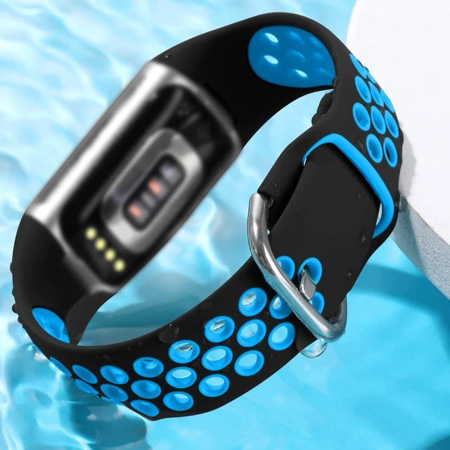 Alt view image 3 of 7 - Breathable Sport Band for Fitbit Charge 6 Band/Fitbit Charge 5 Band Soft Silicone Wrist Strap for Men/ Women, Waterproof Wristband for Charge 6/Charge 5, Coal Black/Black Blue/White Black,Small