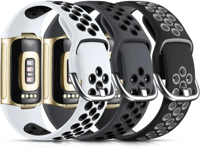 Main image of Compatible with Fitbit Charge 6 Band Men Women/Fitbit Charge 5 Band Silicone Band Sport Wrist Strap for Charge 5 and Charge 6 Watch Accessories, Coal Black/White Black/Black Gray, Large