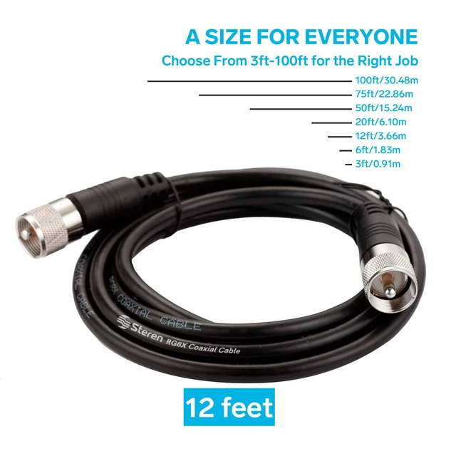 Alt view image 3 of 7 - RG8X Coaxial Cable 12 ft, CB Coax Cable with PL259 UHF Connectors, Male to Male Low Loss 50 Ohm for HAM Radio, LMR400, Antenna Analyzer