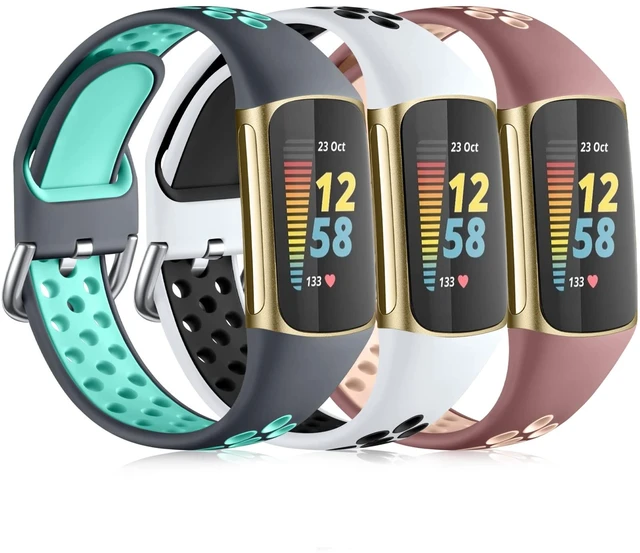 Alt view image 2 of 7 - Breathable Sport Band for Fitbit Charge 6 Band/Fitbit Charge 5 Band Soft Silicone Wrist Strap for Men Women, Waterproof Wristband for Charge 6/Charge 5, White Black/Smoke Purple/Gray Teal,Small