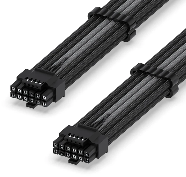 Main image of 12VHPWR PSU Sleeved Cable, 12V-2x6, 600W, 60cm, Black Grey 12+4 Pin Male-Male, Direct PSU-to-GPU, 16AWG GPU Power Cable, Cable Combs Included, Clean Cable Routing, RTX 40/50 Series