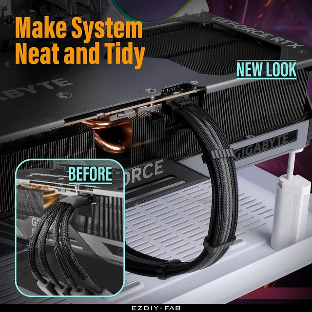 Alt view image 2 of 7 - 12VHPWR PSU Sleeved Cable, 12V-2x6, 600W, 60cm, Black Grey 12+4 Pin Male-Male, Direct PSU-to-GPU, 16AWG GPU Power Cable, Cable Combs Included, Clean Cable Routing, RTX 40/50 Series