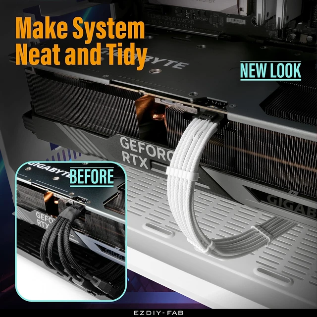 Alt view image 2 of 7 - 12VHPWR PSU Sleeved Cable, 12V-2x6, 600W Support, 60cm, White 12+4 Pin Male-Male, Direct PSU-to-GPU, 16AWG Tinned Copper, Cable Combs Included, Clean Cable Routing, RTX 40/50 Series