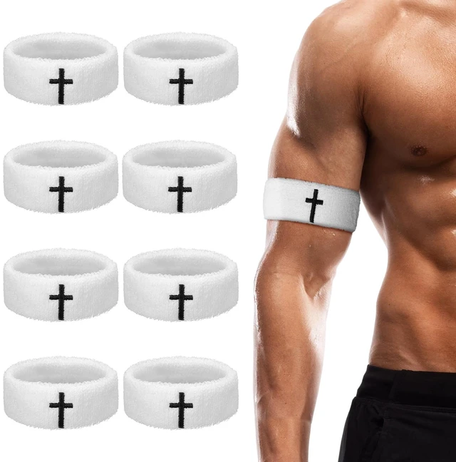 Main image of 8 Pack Cross Bicep Bands Christian Football Arm Band, White, Cross Soft Cotton Armband Thick Arm Sweat Band for Men Women, Basketball Football Baseball Players, Sports Activities Keep Hand Dry