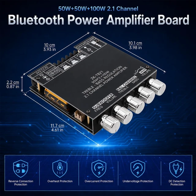 Alt view image 2 of 7 - ZK-TB21 Bluetooth Amplifier Board TPA3116D2 2.1 Channel,50W+50W+100W Mini amp module. quickly connects. Fits car audio speakers/home theater. with bass,treble,subwoofer and volume control