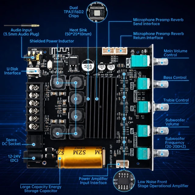Alt view image 3 of 7 - ZK-TB21 Bluetooth Amplifier Board TPA3116D2 2.1 Channel,50W+50W+100W Mini amp module. quickly connects. Fits car audio speakers/home theater. with bass,treble,subwoofer and volume control