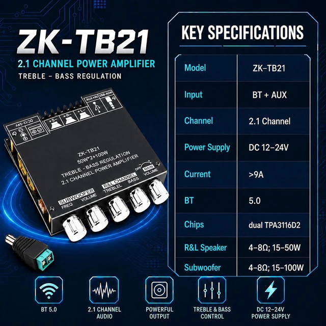 Alt view image 7 of 7 - ZK-TB21 Bluetooth Amplifier Board TPA3116D2 2.1 Channel,50W+50W+100W Mini amp module. quickly connects. Fits car audio speakers/home theater. with bass,treble,subwoofer and volume control