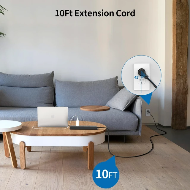 Alt view image 2 of 7 - 10 FT Long Extension Cord, Power Strip Surge Protector with 8 Outlet(3 Widely Spaced) and 2 USB Ports, 1875W/15A, Wall Mount, Desktop Charging Station for Home, Office and Dorm Essential