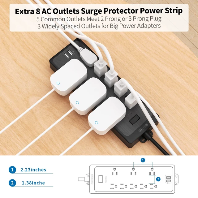 Alt view image 3 of 7 - 10 FT Long Extension Cord, Power Strip Surge Protector with 8 Outlet(3 Widely Spaced) and 2 USB Ports, 1875W/15A, Wall Mount, Desktop Charging Station for Home, Office and Dorm Essential