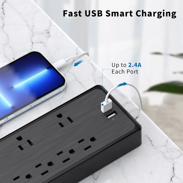 Alt view image 4 of 7 - 10 FT Long Extension Cord, Power Strip Surge Protector with 8 Outlet(3 Widely Spaced) and 2 USB Ports, 1875W/15A, Wall Mount, Desktop Charging Station for Home, Office and Dorm Essential