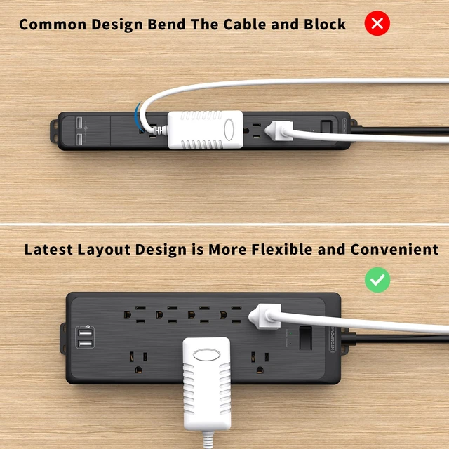 Alt view image 5 of 7 - 10 FT Long Extension Cord, Power Strip Surge Protector with 8 Outlet(3 Widely Spaced) and 2 USB Ports, 1875W/15A, Wall Mount, Desktop Charging Station for Home, Office and Dorm Essential