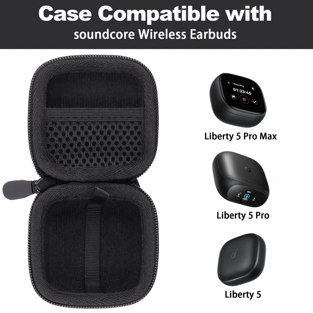 Alt view image 2 of 7 - for Soundcore Liberty 5 Pro Max/5 Pro/5 Earbuds Hard Travel Case, Black Portable Protective Storage Bag with Mesh Pocket, Elastic Securing Strap & Carabiner, Shockproof EVA Shell and Soft Lining