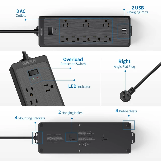 Alt view image 7 of 7 - 10 FT Long Extension Cord, Power Strip Surge Protector with 8 Outlet(3 Widely Spaced) and 2 USB Ports, 1875W/15A, Wall Mount, Desktop Charging Station for Home, Office and Dorm Essential