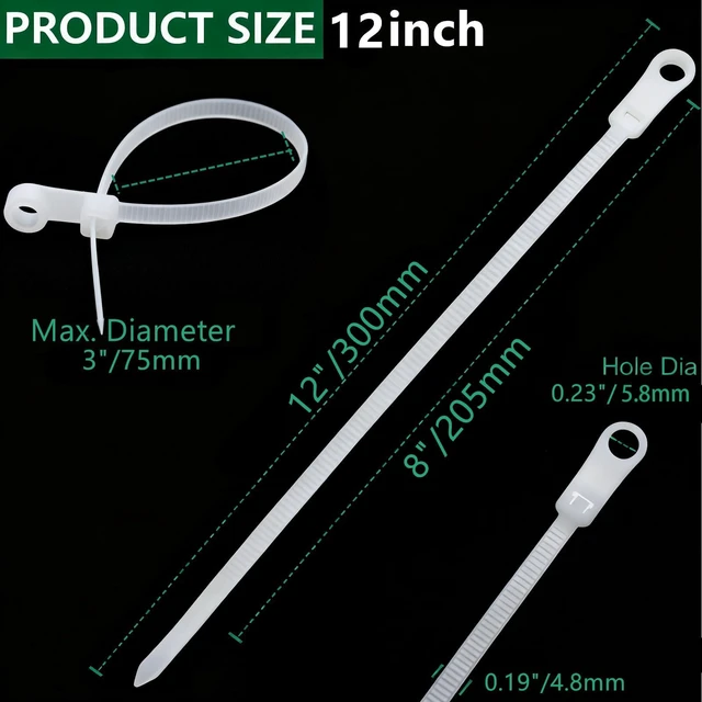 Alt view image 2 of 7 - 200pcs Zip Tie with Screw Hole, 12 inch Automotive Wire Self Locking Black Zip Ties Screw Zip Tie Mount Push Mount Cable Ties (White, 12")
