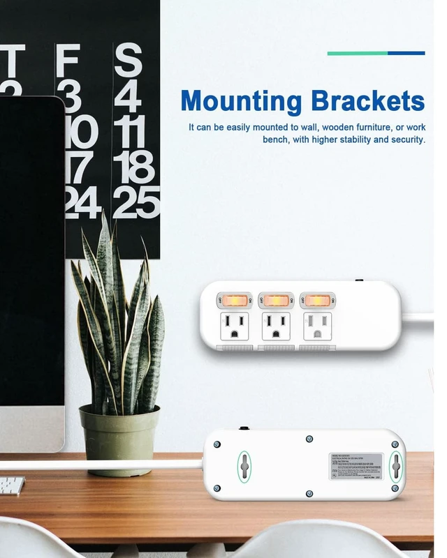 Alt view image 6 of 6 - Power Strip Individual Switches, Extension Cord 6 feet, 3 Outlets, Surge Protector 300J, Overload Protection Switches, Flat Plug, 15A/1875W, White, Baby Proof Outlet Cover