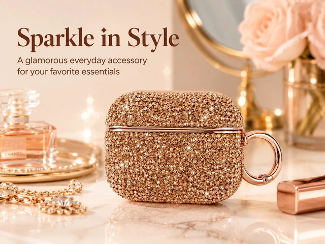 Alt view image 5 of 6 - for Glitter AirPods Pro 3 Case 2025 Cute Bling Hard Air Pods Pro 3 Case (Model A2700/A2931) with Keychain Sparkly Rhinestone iPods Pro 3 Cases for Women Girl(Champagne)