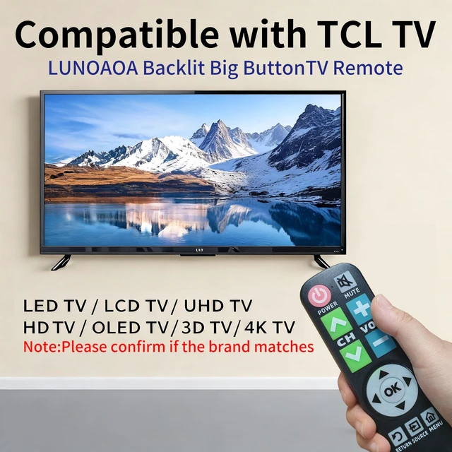 Alt view image 3 of 7 - Backlit Big Button TV Remote Replacement for TCL Google TV with Cover & Hook, Universal Remote No Setup for Seniors People with Poor Vision,Parkinson's Disease Patient