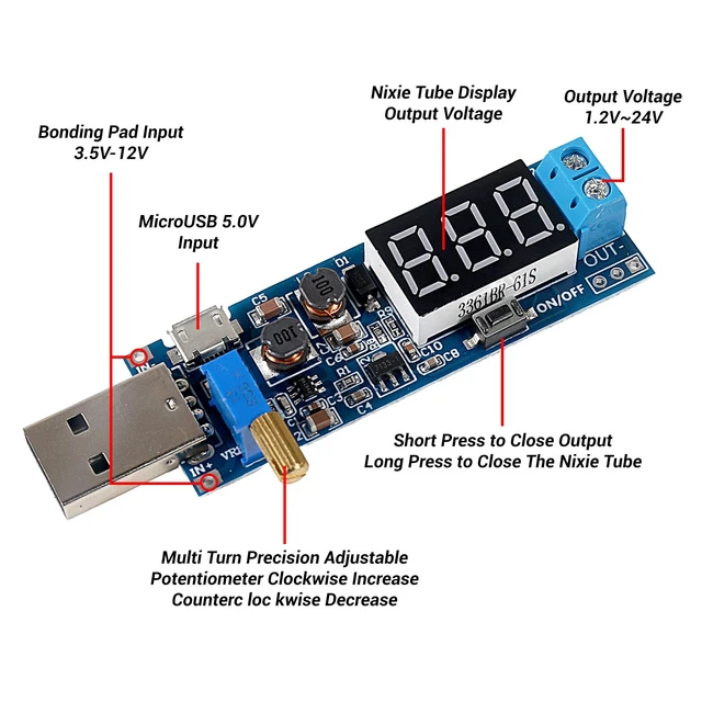 Alt view image 4 of 7 - 5pcs USB Buck Boost Converter 3.5V-12V to 1.2V-24V DC-DC Adjustable Step Up Step Down Power Supply Module Voltage Regulator 5V to 3.3V 9V 12V 18V 24V