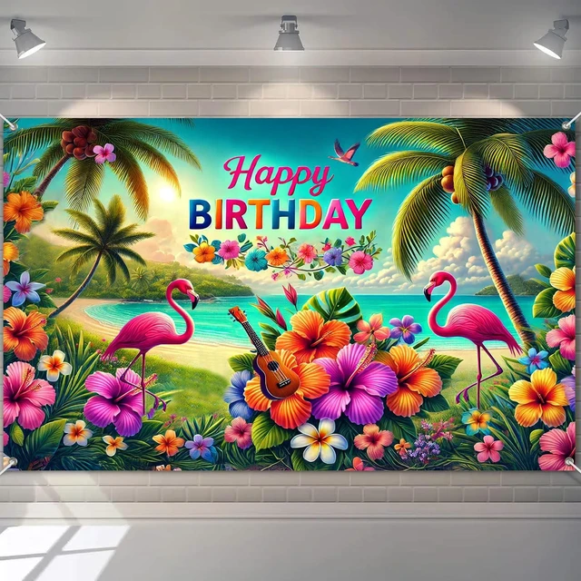 Main image of Hawaiian Birthday Banner 120x84 Inch Tropical Theme Decoration Luau Party Beach Theme Background Decoration with Flamingos Flowers and Ukulele for Girls or Boys Gifts