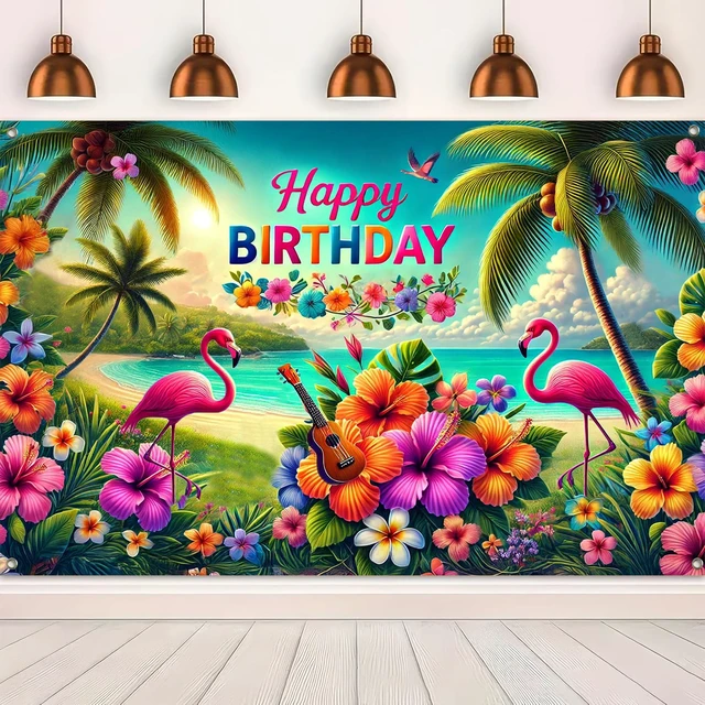 Alt view image 5 of 6 - Hawaiian Birthday Banner 120x84 Inch Tropical Theme Decoration Luau Party Beach Theme Background Decoration with Flamingos Flowers and Ukulele for Girls or Boys Gifts