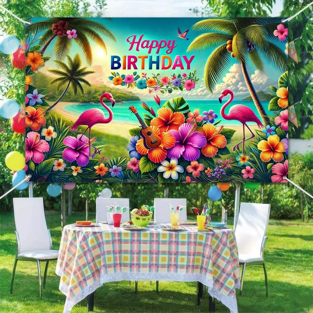 Alt view image 6 of 6 - Hawaiian Birthday Banner 120x84 Inch Tropical Theme Decoration Luau Party Beach Theme Background Decoration with Flamingos Flowers and Ukulele for Girls or Boys Gifts