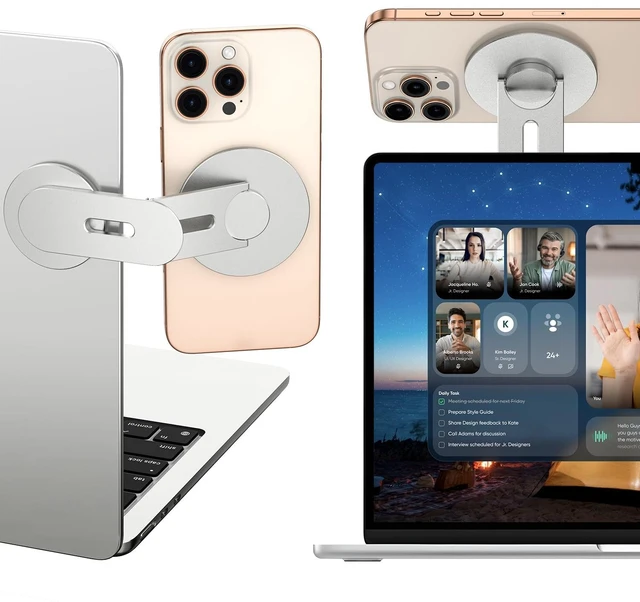 Main image of Magnetic Phone Holder for Laptop, 360° Adjustable MacBook Monitor Side Mount for iPhone 17 Pro Max/16/15/14/13/12 MagSafe for Tesla, Portable Foldable Cell Phone Holder Accessory, Silver