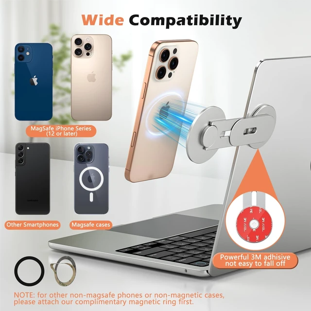 Alt view image 4 of 7 - Magnetic Phone Holder for Laptop, 360° Adjustable MacBook Monitor Side Mount for iPhone 17 Pro Max/16/15/14/13/12 MagSafe for Tesla, Portable Foldable Cell Phone Holder Accessory, Silver
