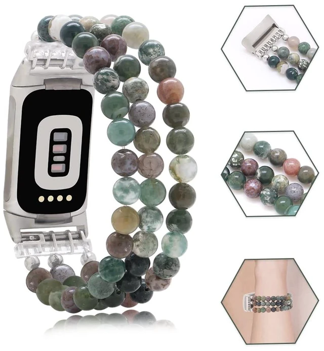 Alt view image 5 of 6 - Compatible with Fitbit Charge 6/5 Natural Gemstone Beaded Handmade Adjustable Bracelet Replacement Band for Women