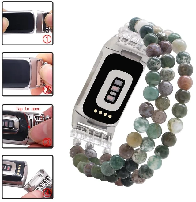 Alt view image 6 of 6 - Compatible with Fitbit Charge 6/5 Natural Gemstone Beaded Handmade Adjustable Bracelet Replacement Band for Women