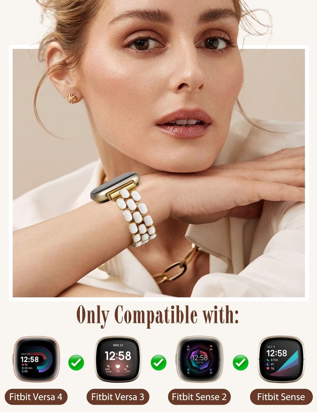 Alt view image 2 of 6 - Resin Metal Band Compatible with Fitbit Versa 4 Bands for Women/Sense 2/Sense/Versa 3, Jewelry-Style Dressy Bracelet with No-Tool Adjustment, Elegant Lightweight Strap for Work & Daily