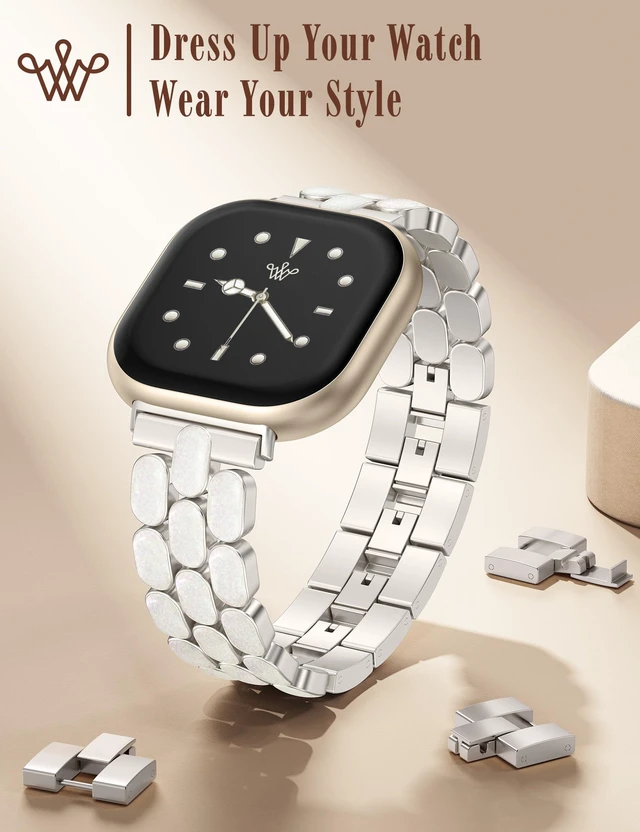 Alt view image 4 of 6 - Resin Metal Band Compatible with Fitbit Versa 4 Bands for Women/Sense 2/Sense/Versa 3, Jewelry-Style Dressy Bracelet with No-Tool Adjustment, Elegant Lightweight Strap for Work & Daily