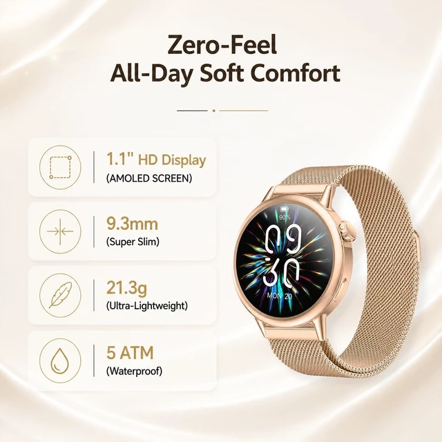 Alt view image 2 of 7 - Smart Watch for Women, 1.1" AMOLED Display, Ultra-Light, Slim & Compact Smartwatch with Call Alerts, Heart Rate, Sleep & SpO2 Tracking, 100+ Sports Modes, Fitness Tracker for iPhone & Android, Gold