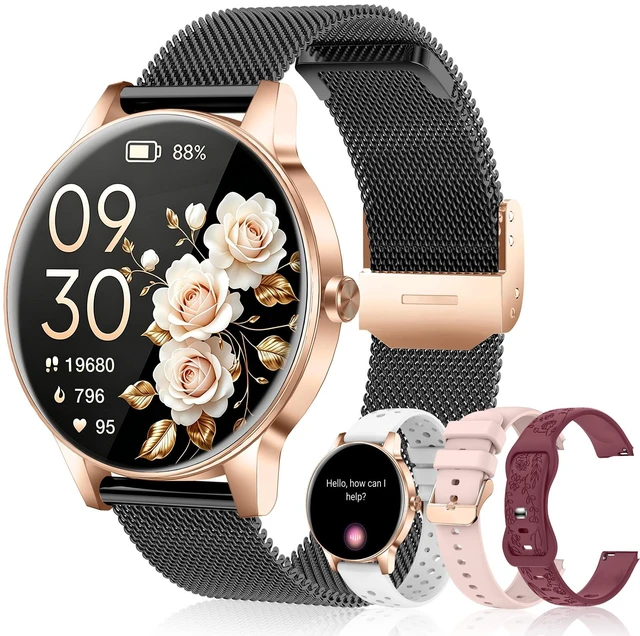 Main image of Smart Watch for Women, Fitness Tracker Watch for Android & iOS, Black-Gold BT Answer/Make Calls, 4 Bands, Round 41mm HD Screen, Step Counter Watch, Sleep Health SpO2 Trakcer, IP68 Waterproof