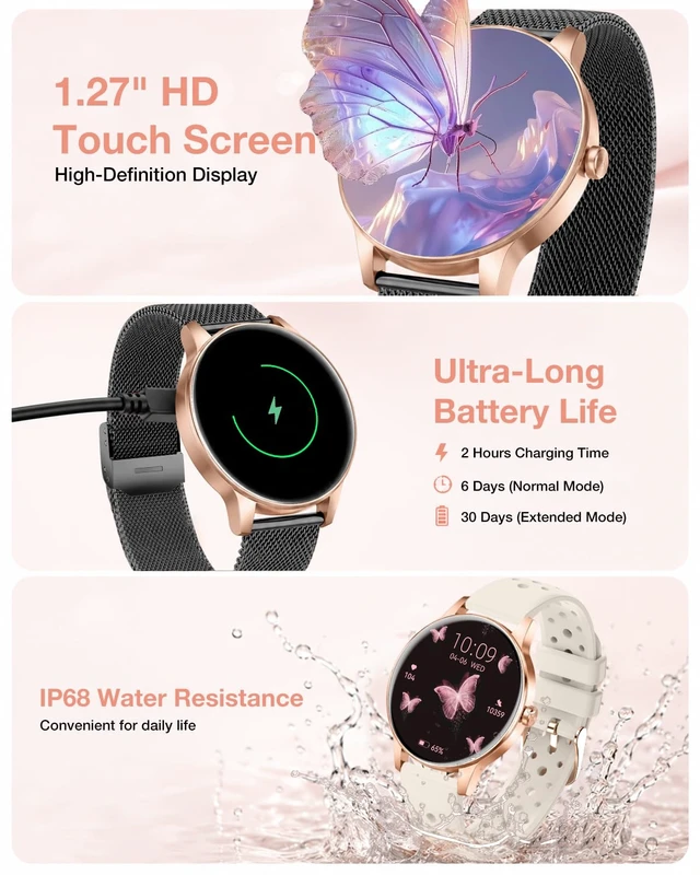 Alt view image 2 of 7 - Smart Watch for Women, Fitness Tracker Watch for Android & iOS, Black-Gold BT Answer/Make Calls, 4 Bands, Round 41mm HD Screen, Step Counter Watch, Sleep Health SpO2 Trakcer, IP68 Waterproof