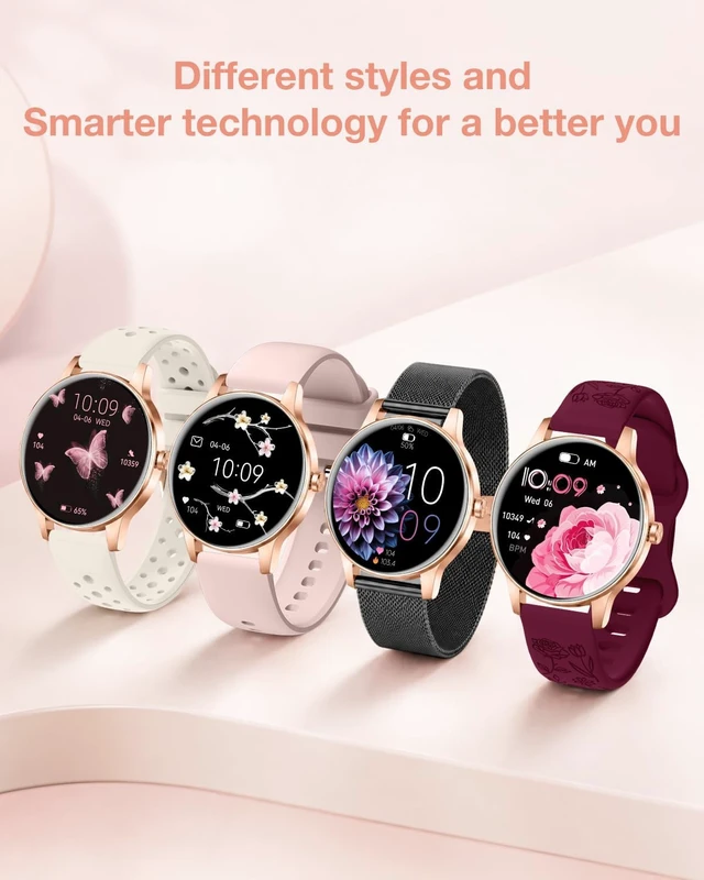 Alt view image 3 of 7 - Smart Watch for Women, Fitness Tracker Watch for Android & iOS, Black-Gold BT Answer/Make Calls, 4 Bands, Round 41mm HD Screen, Step Counter Watch, Sleep Health SpO2 Trakcer, IP68 Waterproof