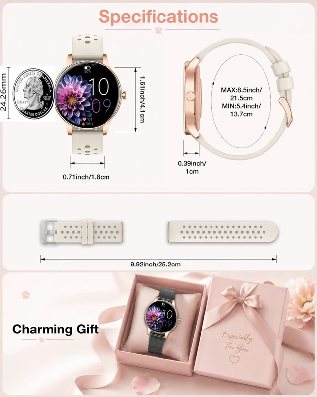 Alt view image 4 of 7 - Smart Watch for Women, Fitness Tracker Watch for Android & iOS, Black-Gold BT Answer/Make Calls, 4 Bands, Round 41mm HD Screen, Step Counter Watch, Sleep Health SpO2 Trakcer, IP68 Waterproof