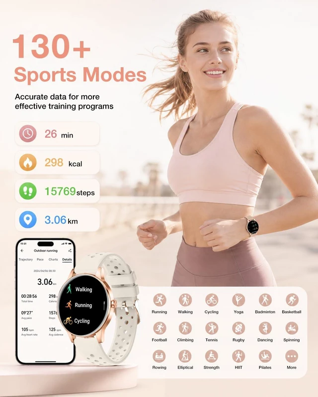 Alt view image 6 of 7 - Smart Watch for Women, Fitness Tracker Watch for Android & iOS, Black-Gold BT Answer/Make Calls, 4 Bands, Round 41mm HD Screen, Step Counter Watch, Sleep Health SpO2 Trakcer, IP68 Waterproof