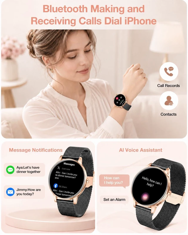 Alt view image 5 of 7 - Smart Watch for Women, Fitness Tracker Watch for Android & iOS, Black-Gold BT Answer/Make Calls, 4 Bands, Round 41mm HD Screen, Step Counter Watch, Sleep Health SpO2 Trakcer, IP68 Waterproof