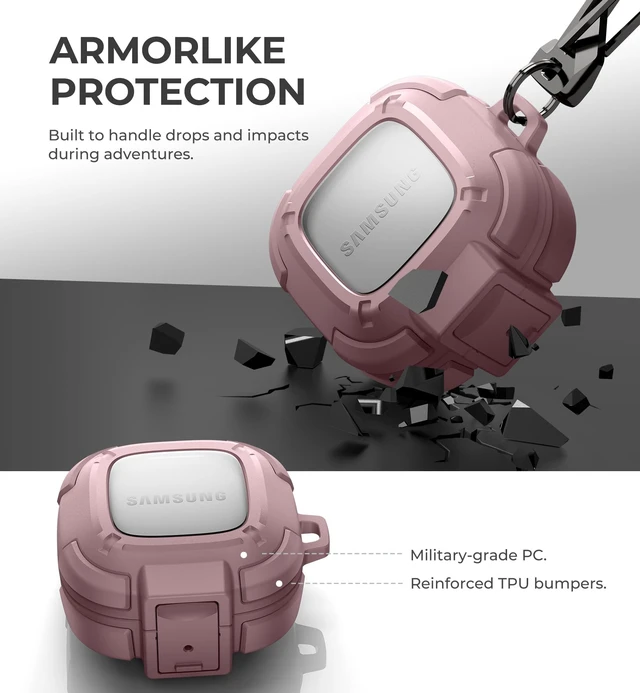 Alt view image 6 of 7 - Rugged Bumper Case for Samsung Galaxy Buds FE (2023)/Buds 2 Pro (2022)/Buds 2 (2021)/Buds Pro (2021)/Buds Live (2020) Cases with Secure Lock, Shockproof Cover with Carabiner