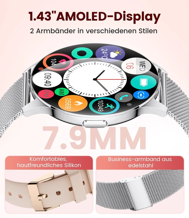 Alt view image 2 of 7 - Smart Watch for Women, 1.43" AMOLED Screen Smartwatch with Answer/Make Call for iPhone/Android/Samsung,Fitness Tracker with 120+ Sport Modes, Sleep/Health Monitor, IP68 Waterproof,2 Bands,Silver