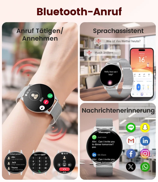 Alt view image 6 of 7 - Smart Watch for Women, 1.43" AMOLED Screen Smartwatch with Answer/Make Call for iPhone/Android/Samsung,Fitness Tracker with 120+ Sport Modes, Sleep/Health Monitor, IP68 Waterproof,2 Bands,Silver