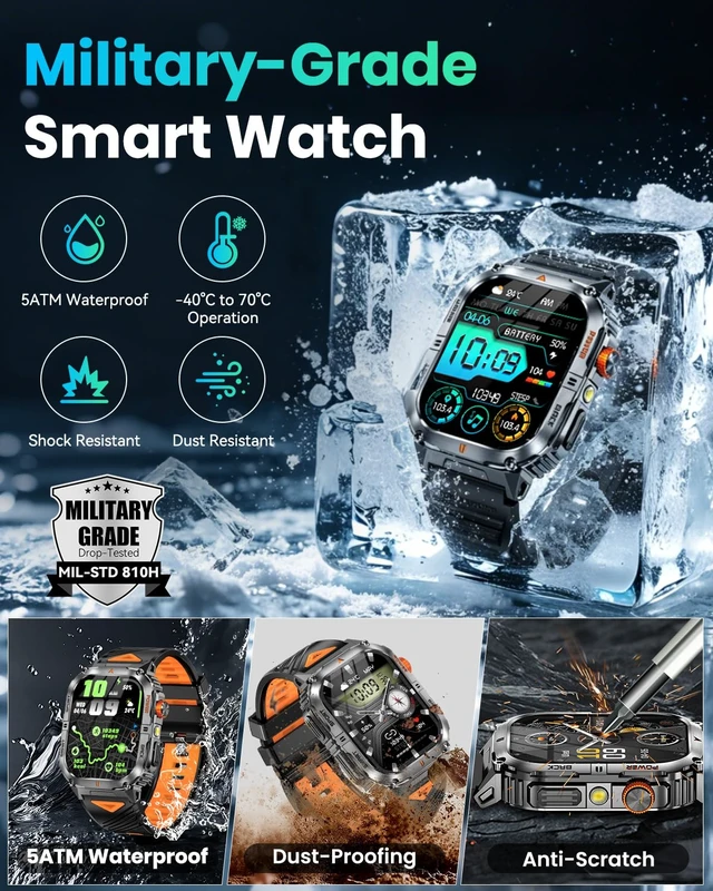Alt view image 4 of 7 - Military Smart Watch for Men, 30-Day Battery Life, 2.0" AMOLED HD Display Bluetooth Calling, LED Flashlight, 5ATM Waterproof, 110+ Sports Modes, Fitness Smartwatch for Android & iPhone